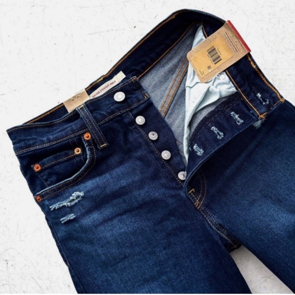 NWT Levi’s Ribcage Straight Ankle Button Fly Distressed Jeans 27x27” Dark Blue - Picture 4 of 4